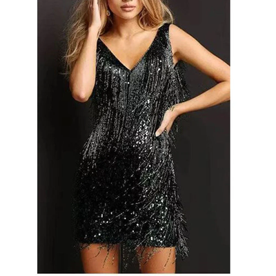 Mouwloze glitterjurk met franjes – Mini-jurk met V-hals en pailletten