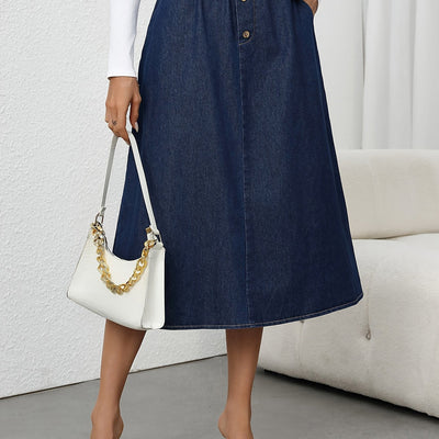 Fleur | High-waisted denim A-line midi skirt with button closure