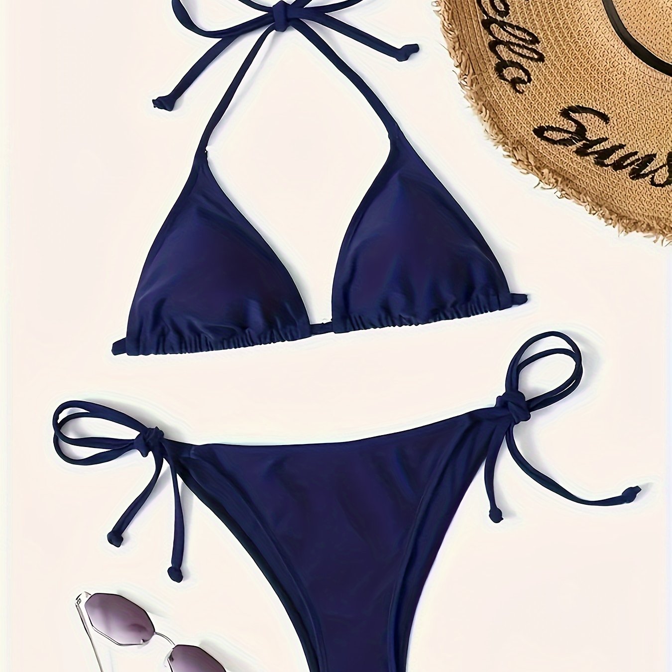 Naomi | Donkerblauwe sexy bikini set met halter V-hals en blote rug