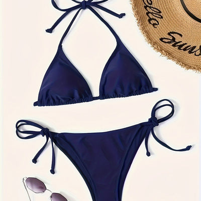 Naomi | Donkerblauwe sexy bikini set met halter V-hals en blote rug