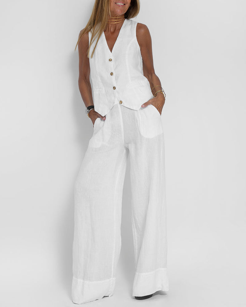 GRACEY | Elegant linen cardigan and wide-leg pants set