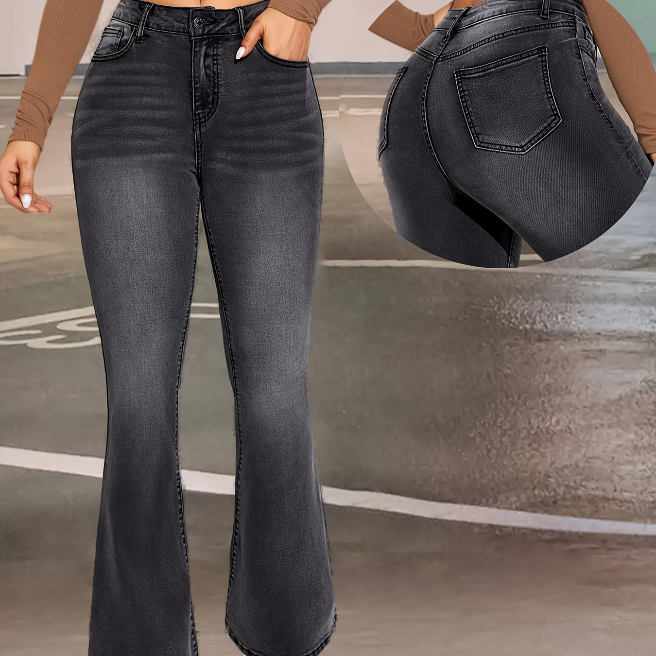 Elise | Stylish black and gray stretch flared jeans with a button detail