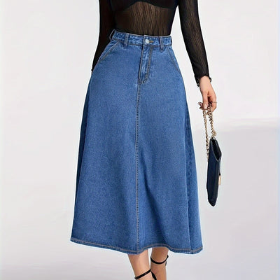 Femke | Hoge elastische denim midi rok met zakken