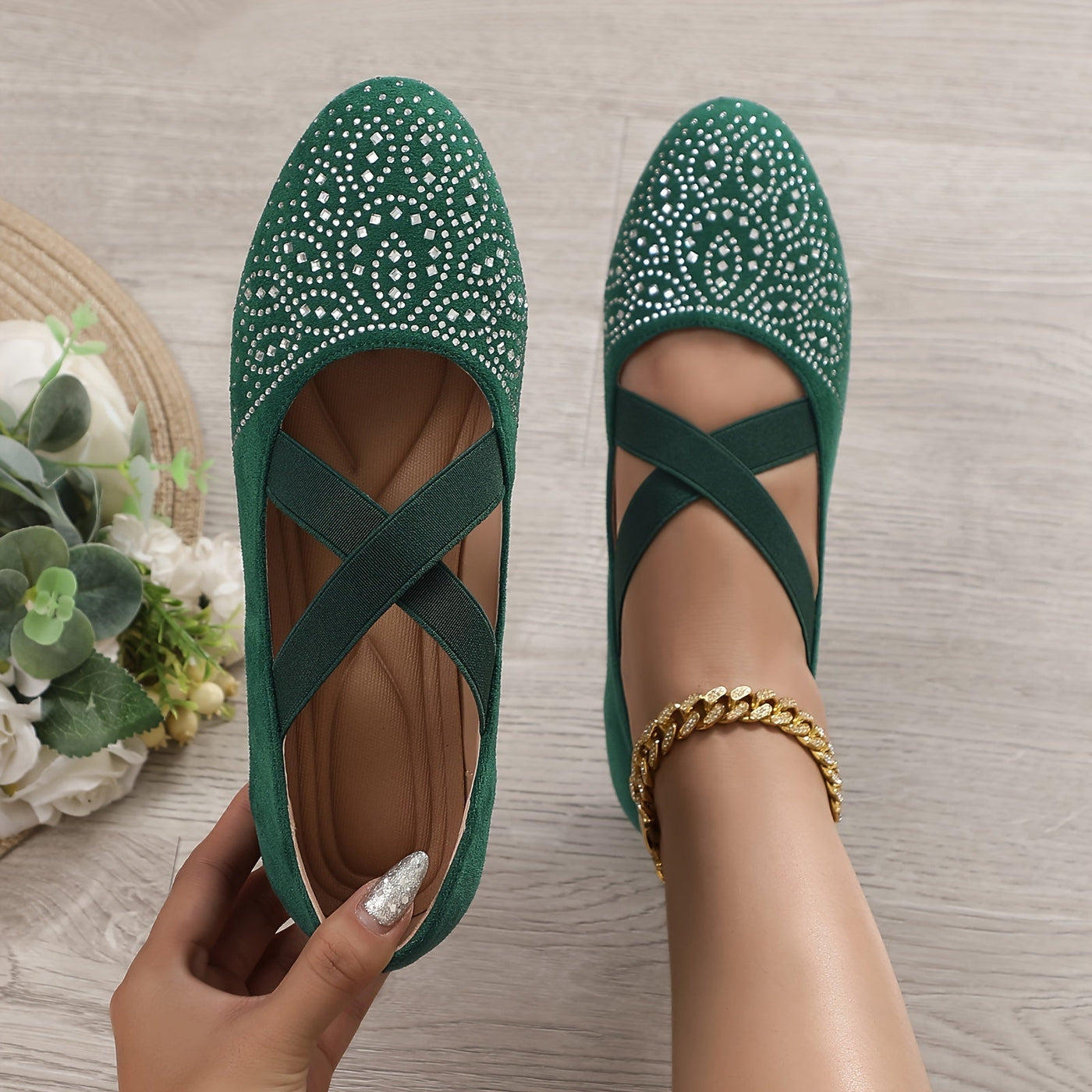 Elise | Rhinestone decor ballet flats with elastic cross strap