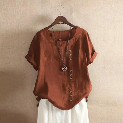 Dames Linnen Blouse - Asymmetrische Knoopsluiting - Korte Mouwen