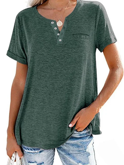 Dames T-shirt – Casual T-shirt met knoopdetail en borstzakje