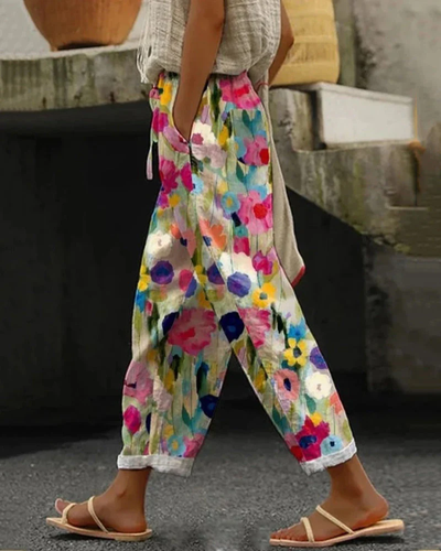 Dames linnen broek – Relaxte pasvorm met kleurrijk bloemenpatroon