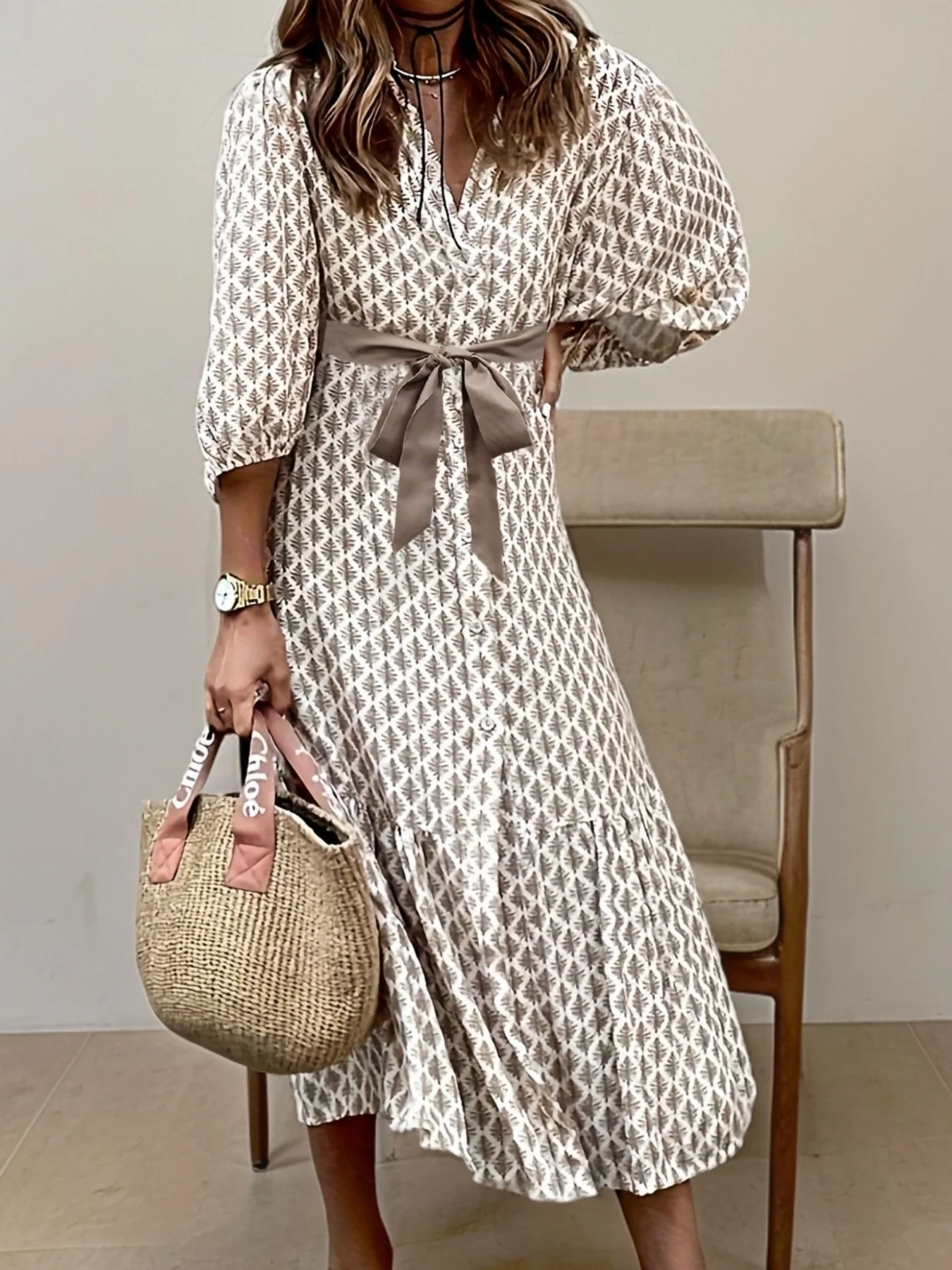 Midi-jurk met strikceintuur – Luchtige pasvorm en all-over print