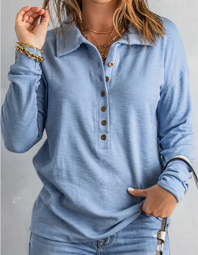 Dames Longsleeve Top met Kraag en Knopen – Casual Blouse met Lange Mouwen