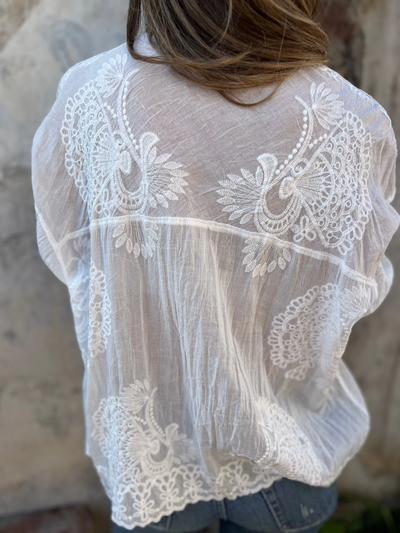 Dames Blouse - Katoen - Borduurwerk - Knoopsluiting - 3/4 Mouwen