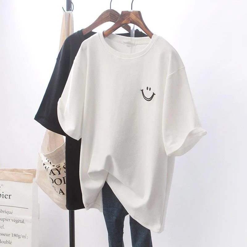 Dames T-shirt - Oversized Pasvorm - Ronde Hals - Smileyprint