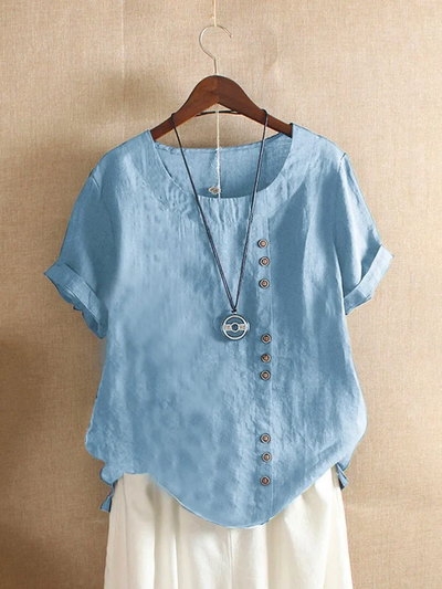 Dames Linnen Blouse - Asymmetrische Knoopsluiting - Korte Mouwen