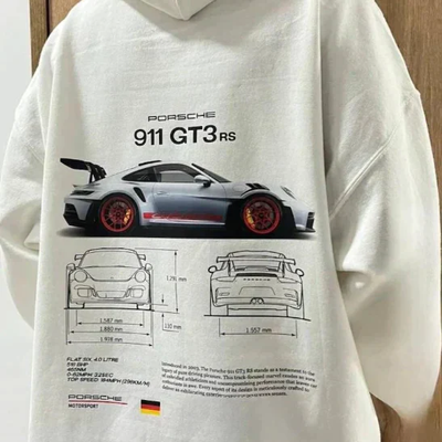 Hoodie with sports car print – Back design with typography and sleeve print 