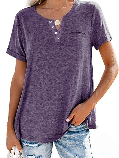 Dames T-shirt – Casual T-shirt met knoopdetail en borstzakje