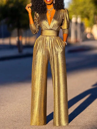 Satijnen jumpsuit met V-hals – Elegant met brede pijpen