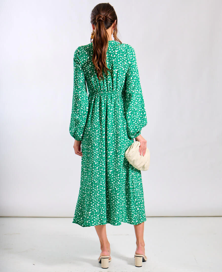 Dames midi-jurk – V-hals en lange mouwen met speels stippenpatroon