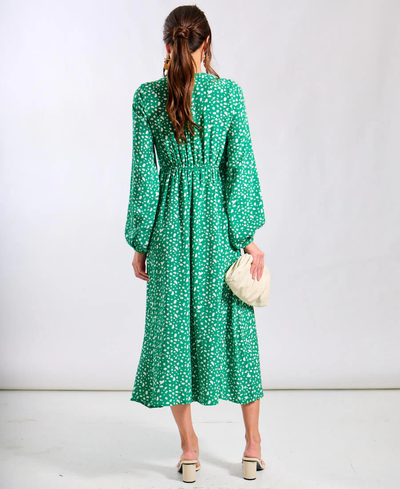 Dames midi-jurk – V-hals en lange mouwen met speels stippenpatroon