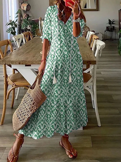 Dames maxi-jurk met bloemenprint – Luchtige pasvorm en V-hals