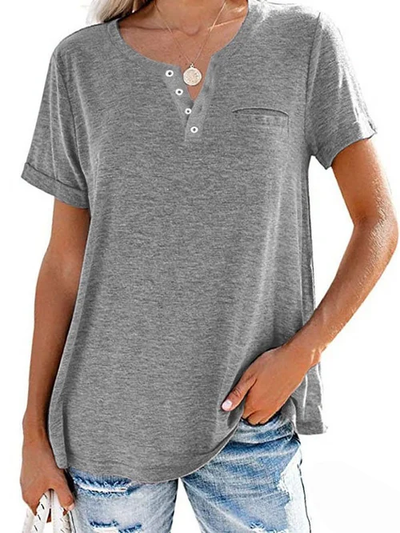 Dames T-shirt – Casual T-shirt met knoopdetail en borstzakje