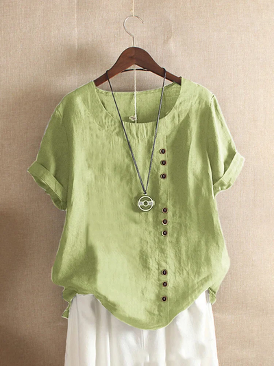 Dames Linnen Blouse - Asymmetrische Knoopsluiting - Korte Mouwen