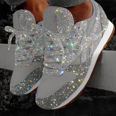 Dames sneakers met glitters – Mesh inzetstukken en vetersluiting