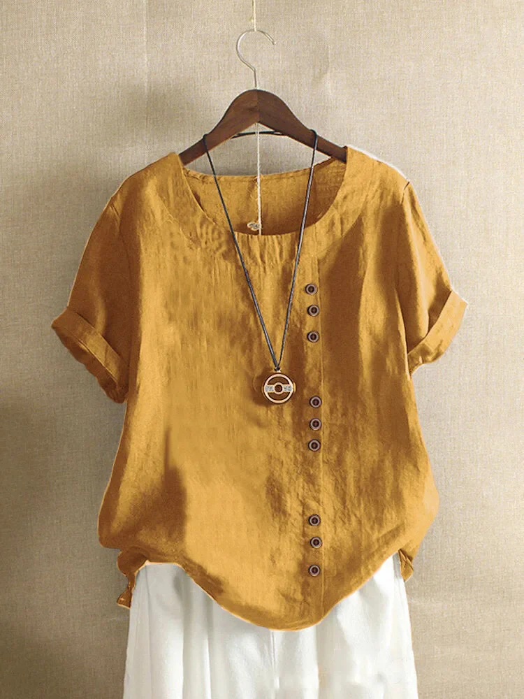 Dames Linnen Blouse - Asymmetrische Knoopsluiting - Korte Mouwen