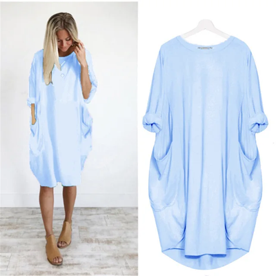 Lange oversized T-shirt jurk met zakken – Casual damesjurk met opgerolde mouwen
