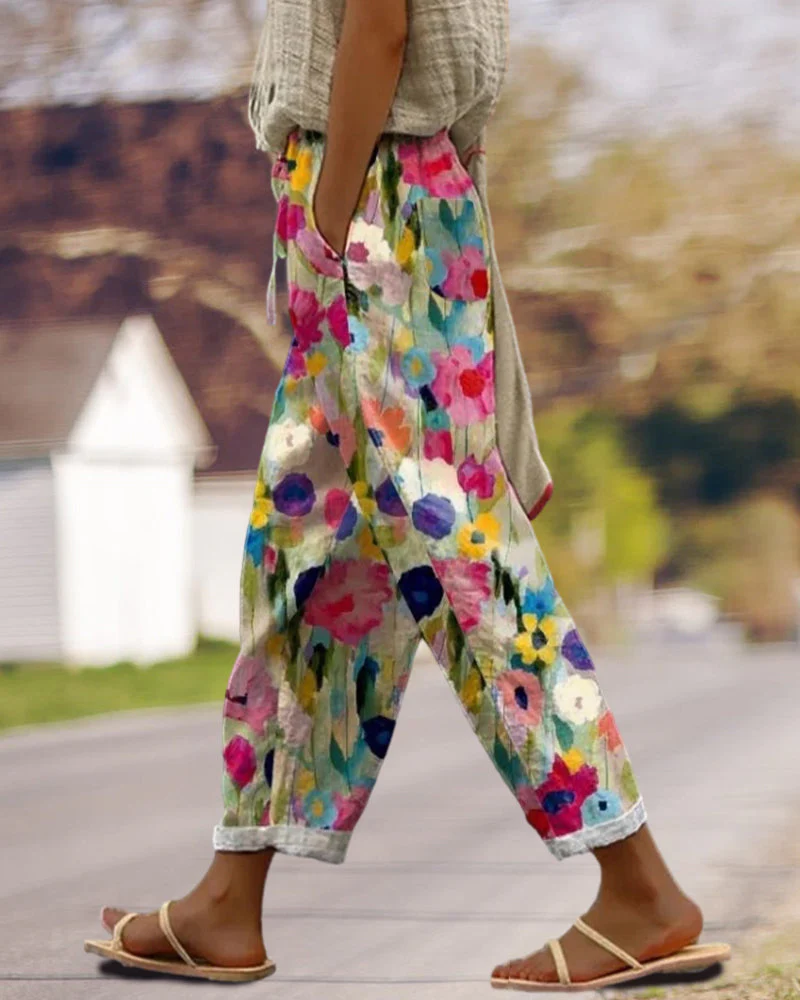 Dames linnen broek – Relaxte pasvorm met kleurrijk bloemenpatroon