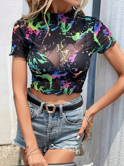 Adeline | Trendy Semi-Transparante Crop Top met Abstracte Print