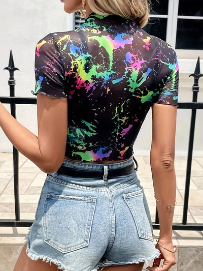Adeline | Trendy Semi-Transparante Crop Top met Abstracte Print