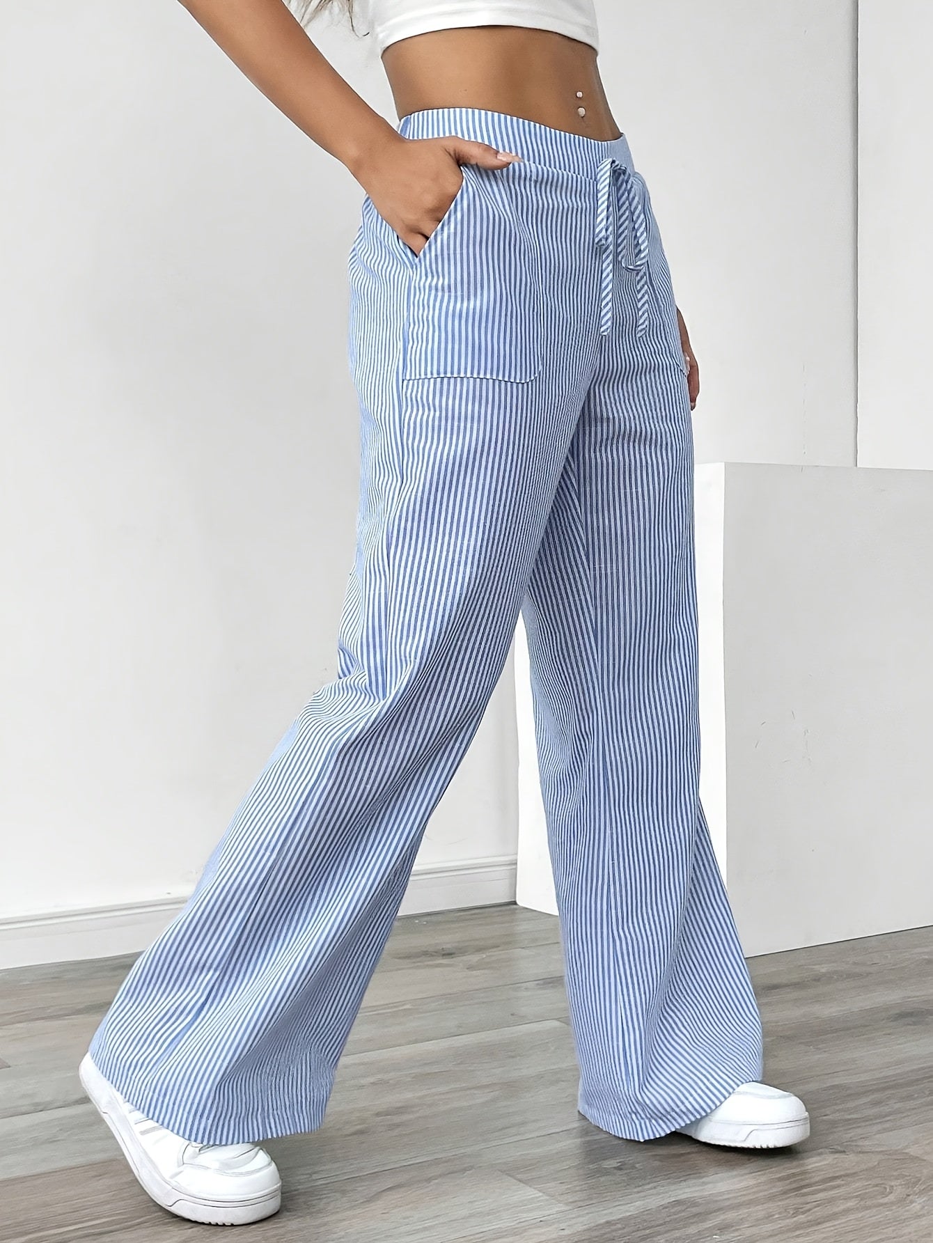Alice | Gestreepte Wide-Leg Broek met Hoge Taille en Koordsluiting