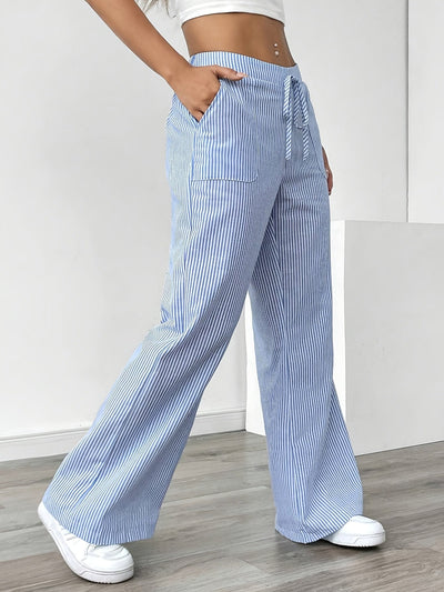 Alice | Gestreepte Wide-Leg Broek met Hoge Taille en Koordsluiting