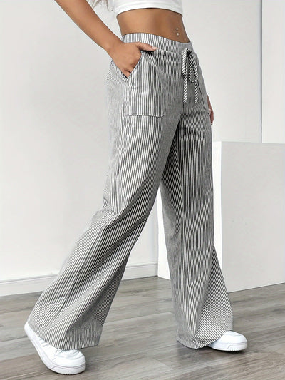 Alice | Gestreepte Wide-Leg Broek met Hoge Taille en Koordsluiting