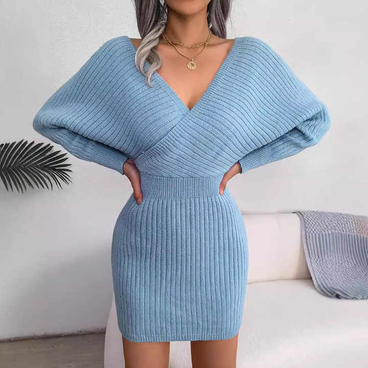 Amy | Stijlvolle Geribbelde Sweaterjurk met V-Hals