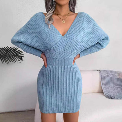 Amy | Stijlvolle Geribbelde Sweaterjurk met V-Hals