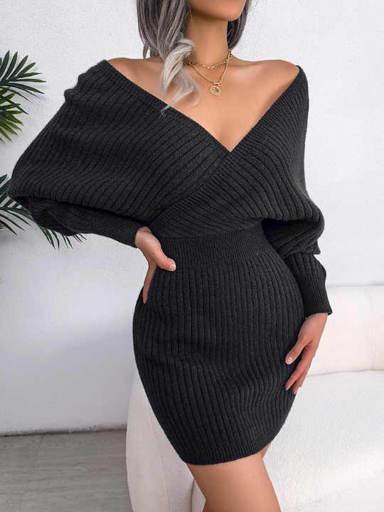 Amy | Stijlvolle Geribbelde Sweaterjurk met V-Hals