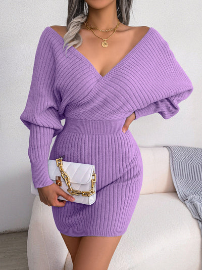 Amy | Stijlvolle Geribbelde Sweaterjurk met V-Hals