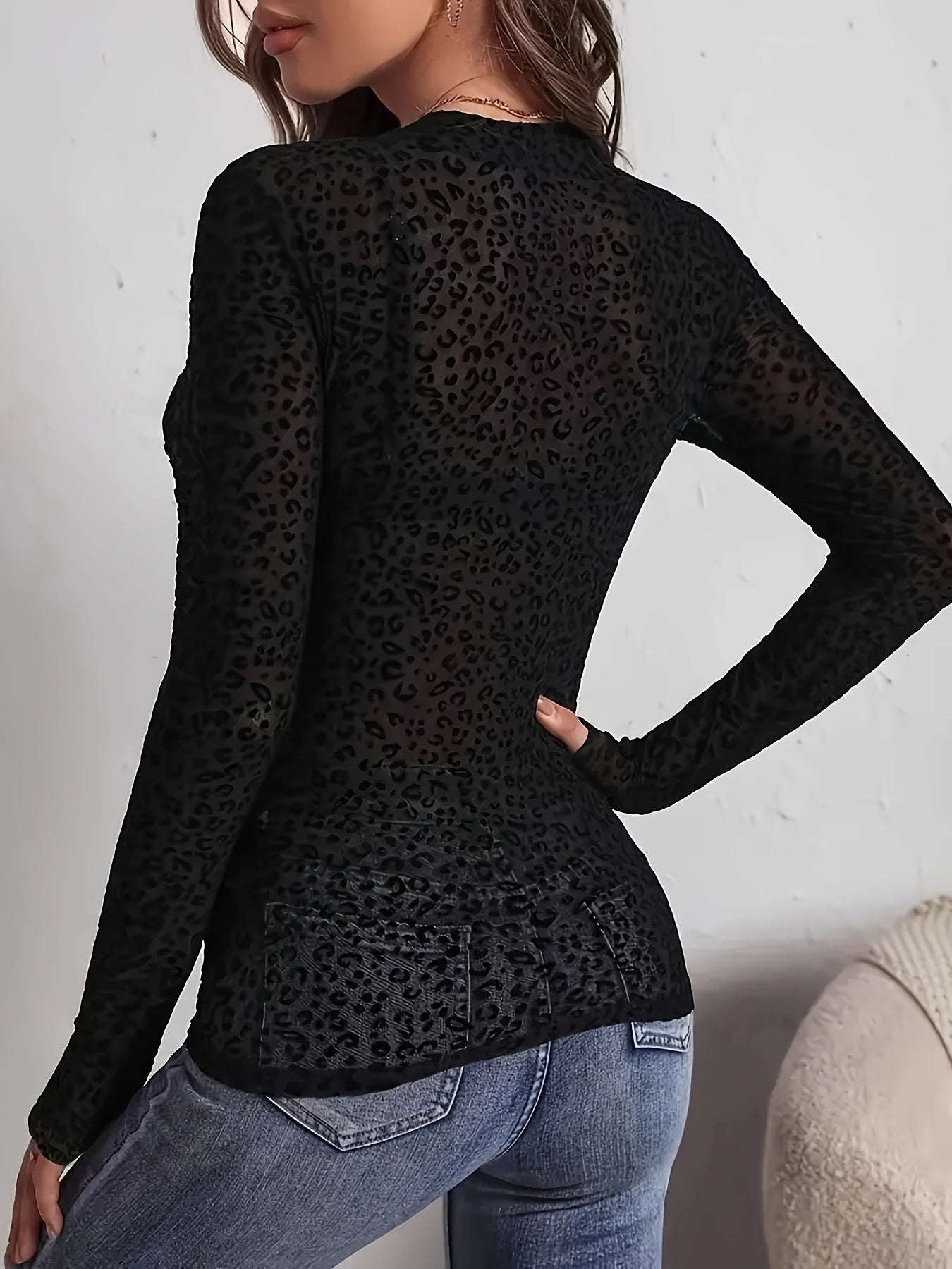 Analyn | Sexy Luipaardprint Transparante Top met Lange Mouwen