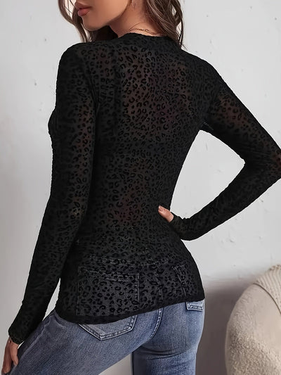 Analyn | Sexy Luipaardprint Transparante Top met Lange Mouwen