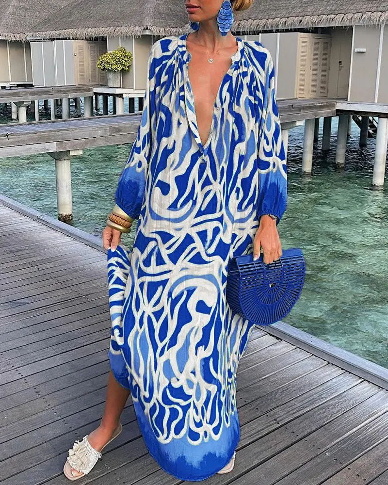 Ariëlle | Elegante Maxi Jurk met Retro Print en V-Hals voor Dames