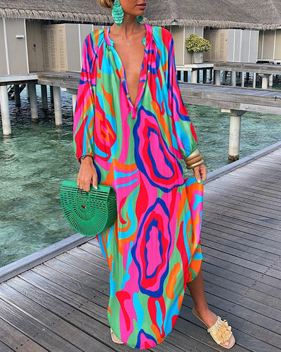 Ariëlle | Elegante Maxi Jurk met Retro Print en V-Hals voor Dames