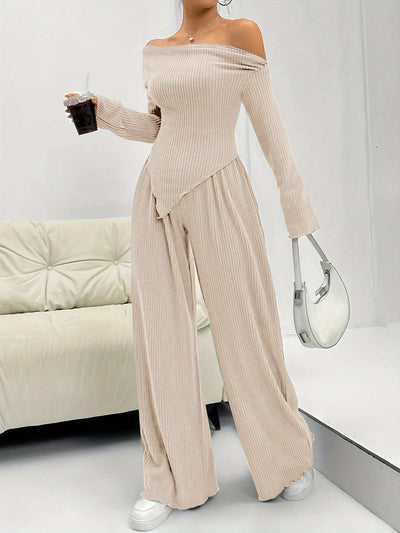 Alexandra | Off-Shoulder Ribgebreide Set met Wijde Pijpen