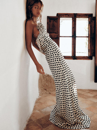 Astrid | Elegante Zwarte-Witte Maxi Jurk met Stippen