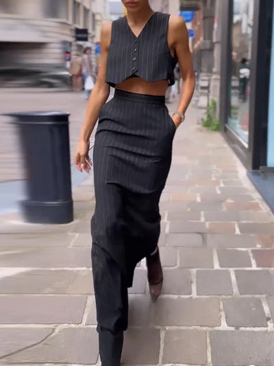 Gilda - Pinstripe Knot Crop Two-Piece Skirt Set 