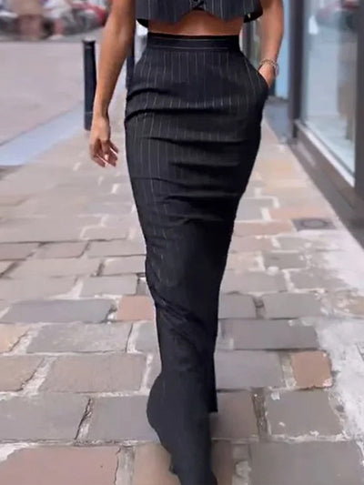 Gilda - Pinstripe Knot Crop Two-Piece Skirt Set 