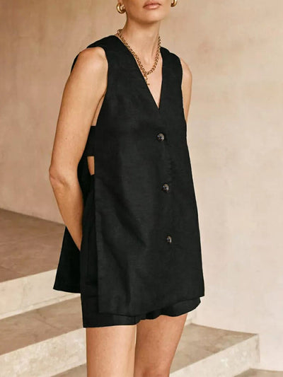 Silvia - V-hals Mouwloos Vest met Hoog Getailleerde Korte Set