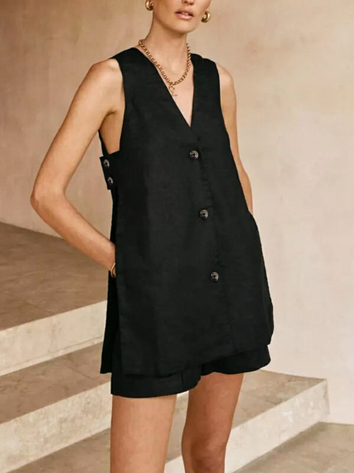 Silvia - V-hals Mouwloos Vest met Hoog Getailleerde Korte Set