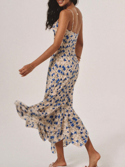 Lily - Lange jurk met geknoopte onregelmatige zoom en bloemenprint