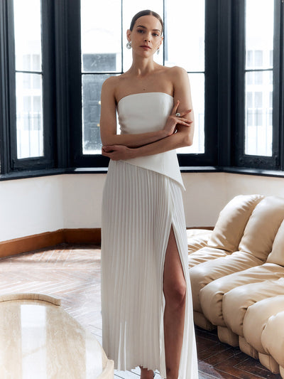 Charlotte - Effen geplooide strapless splitjurk