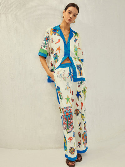 Selma - Broek met contrastbinding en print
